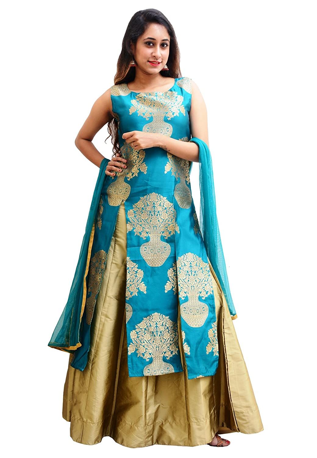 Lady wearing a designed Tafeta Silk Woven kurta top and a Golden Lehenga Skirt