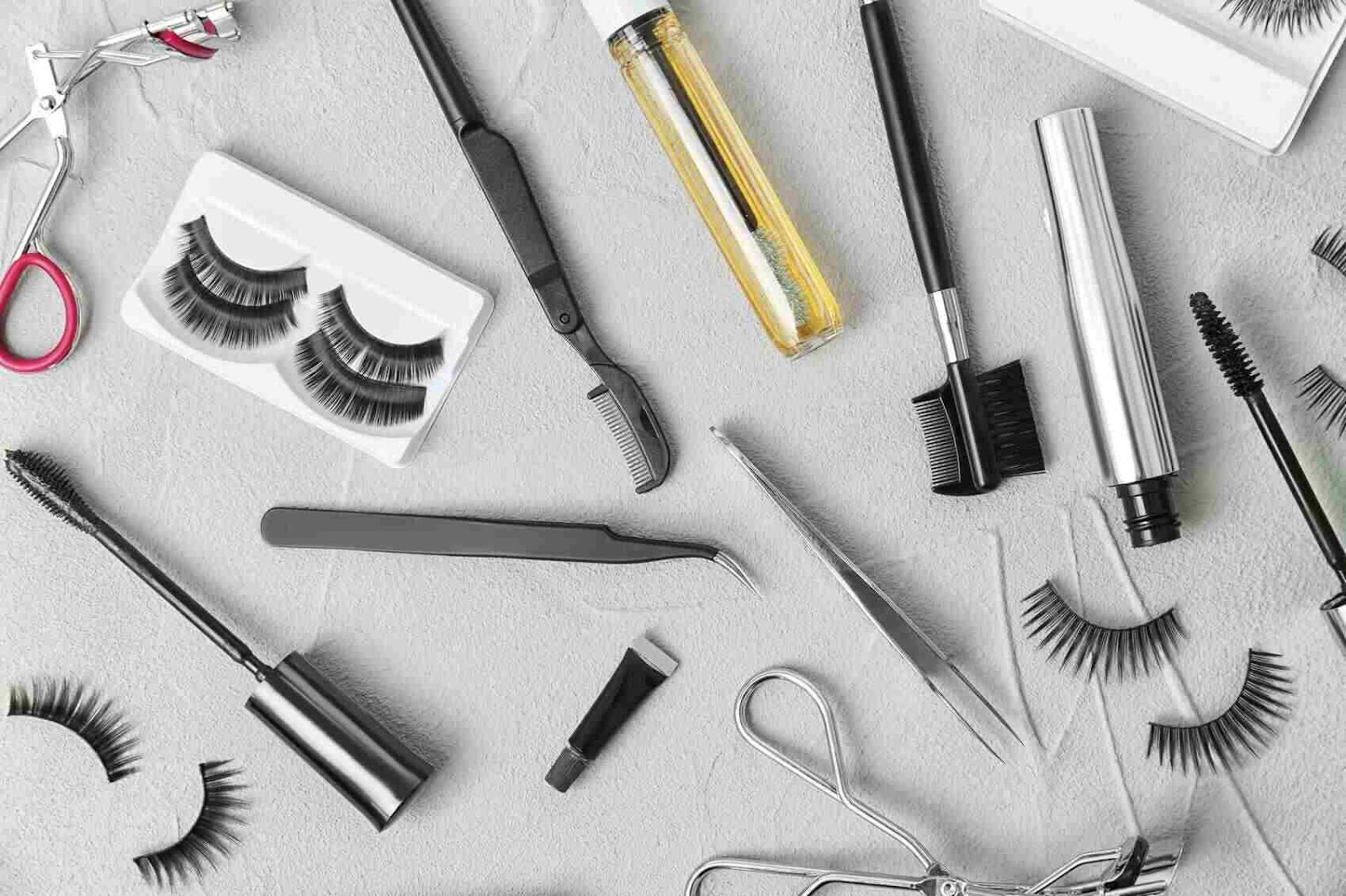 flat lay photo of lash extension tools