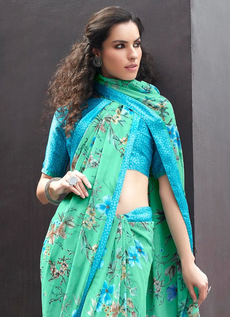 Light Blue Floral Georgette Saree