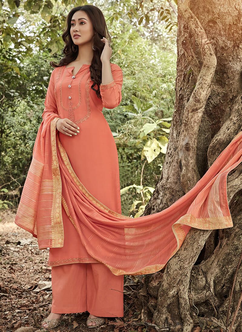 Peach Muslin Embroidered Suit