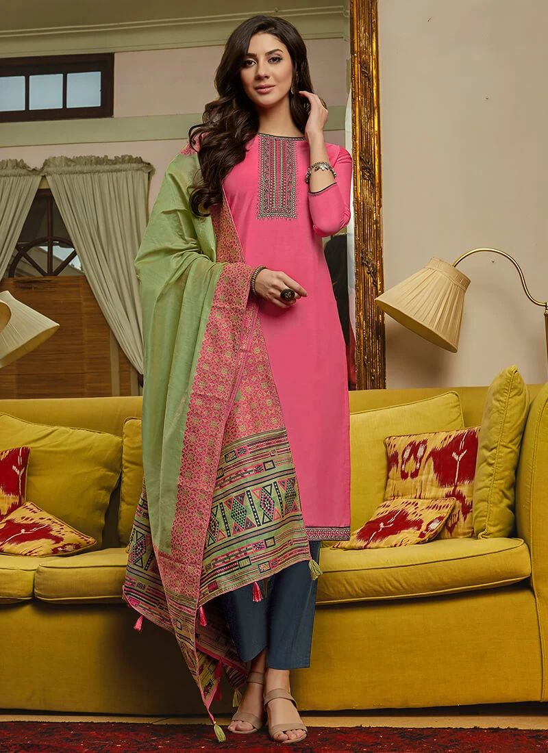 Pink and Green Muslin Suit With Handloom Dupatta