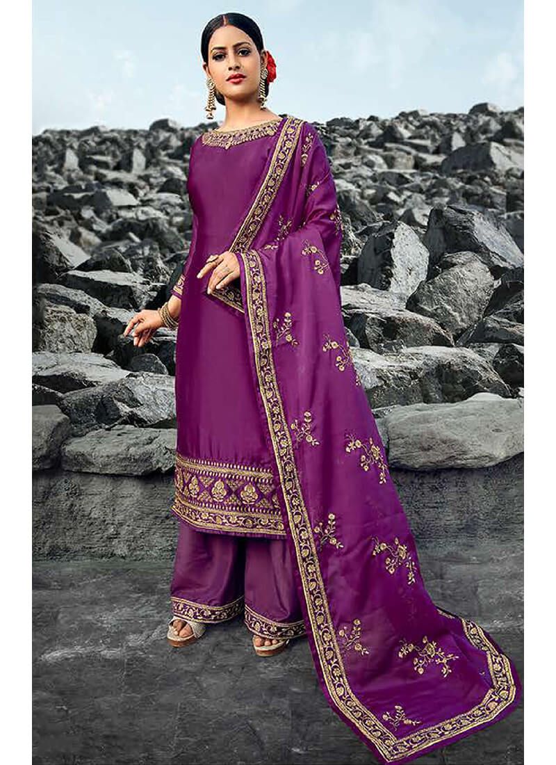 Purple Embroidered Palazzo Suit