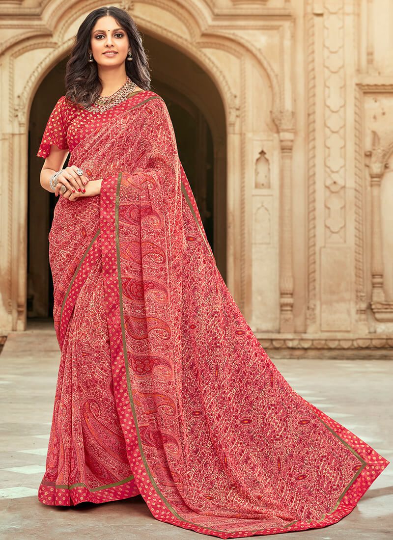 Red Printed Georgette Saree