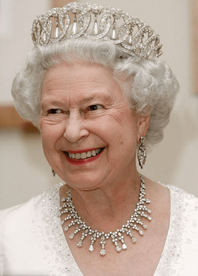 The Queen of England Wearing Pearls