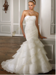 White Mermaid Strapless Beading Satin Organza Bridal Gown